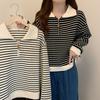 women half-zip striped sweatshirt polo collar long sleeve casual loose fit pullover top