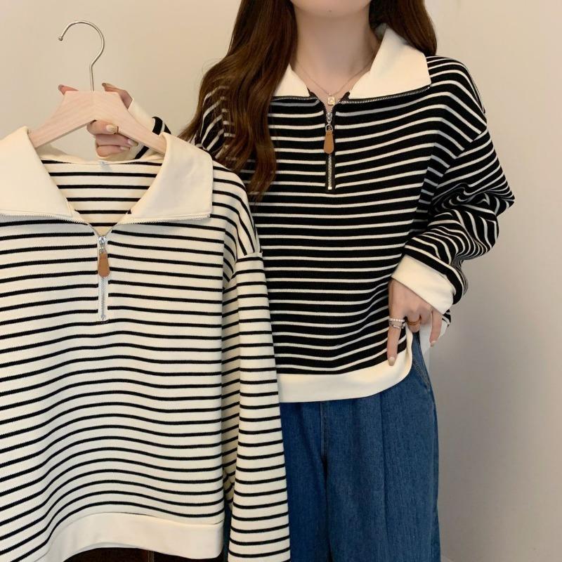 women half-zip striped sweatshirt polo collar long sleeve casual loose fit pullover top