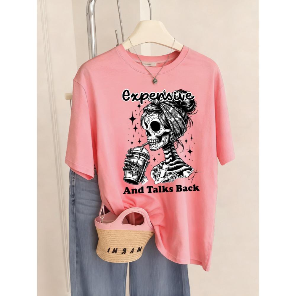 Expensive Talks Back Coffee Skulls Prints T-Shirt Women Sport Breathable T Shirts Crewneck Y2K Short Sleeve Tops