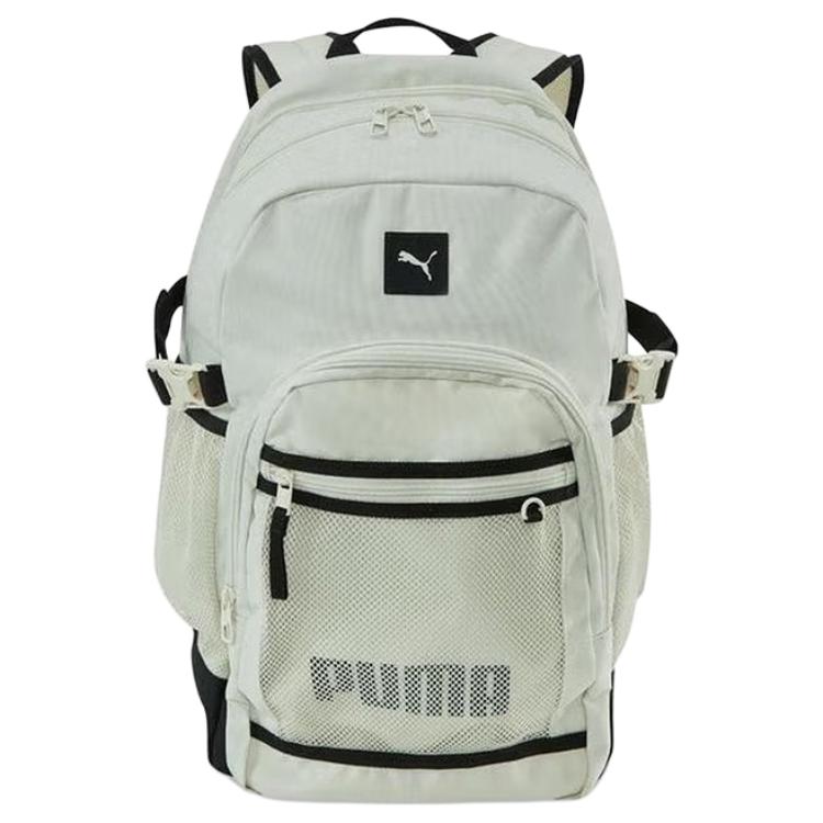 Puma Solid Color Simple Versatile Logo Print Zipper Closure Fabric Backpack Unisex Backpack Gray White 091872-02 Gray White