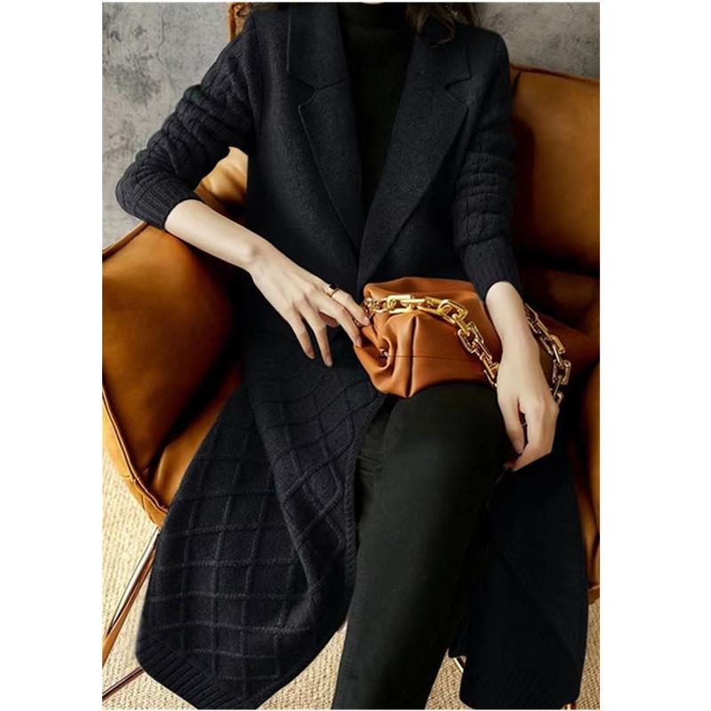 

Осень-зима женский шерстяной свитер пальто женский длинный вязаный кардиган куртка корейский стиль лацкан темперамент однотонный свитер ветровка XXXL чёрный