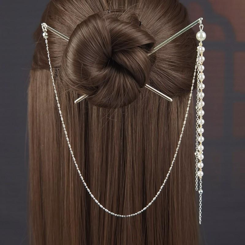 Doppelketten-Haargabel Perlenquaste Haarstab Nunchaku Haarnadel Chinesischer Stil Retro Haaraccessoires für Hanfu Tiaras Ornamente