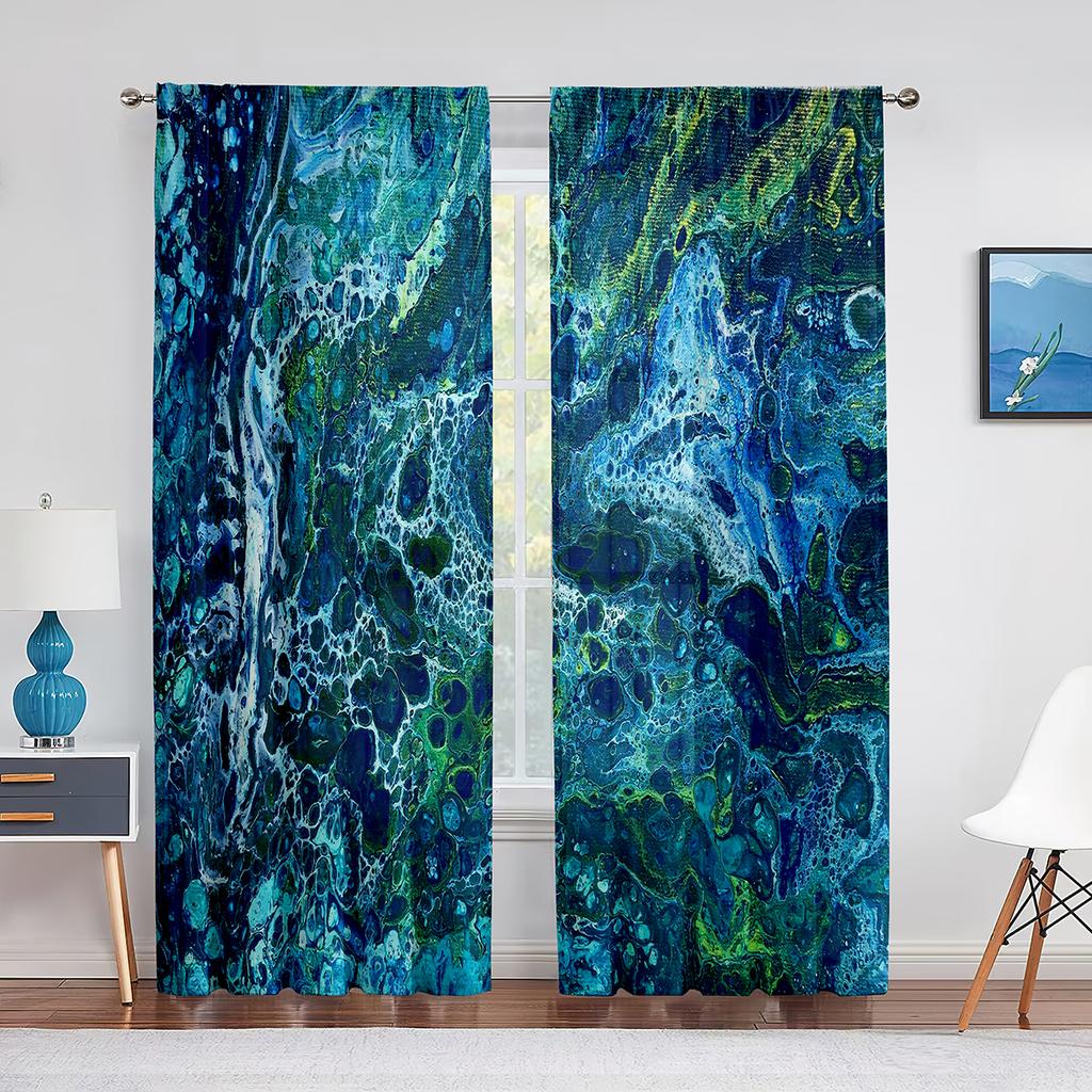 Abstract Marble Navy Blue Gold Marbling Sheer Curtains for Living Room Bedroom Decoration Window Chiffon Tulle Curtains Kitchen