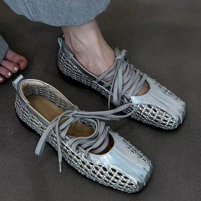 Fashion 2025 New Mesh Flats Sandals Women Ballet Shoes Marie Janes Square Toe Hollow Loafers Shoes Summer Shallow Casual Sneakers