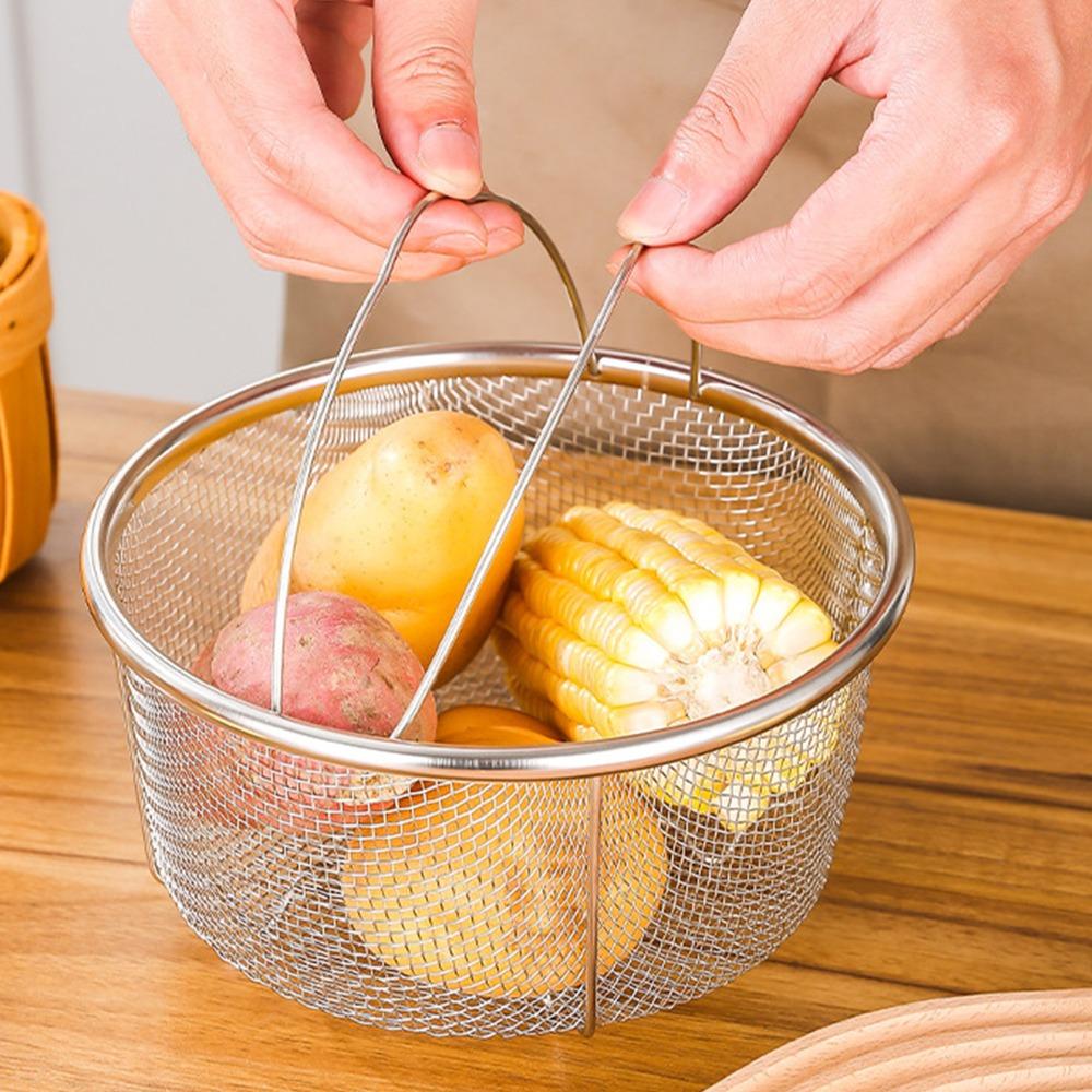 Stainless Steel Steamer Basket Round Folding Handles Mesh Colander 20x21cm Heat Resistance Frying Basket Pastas