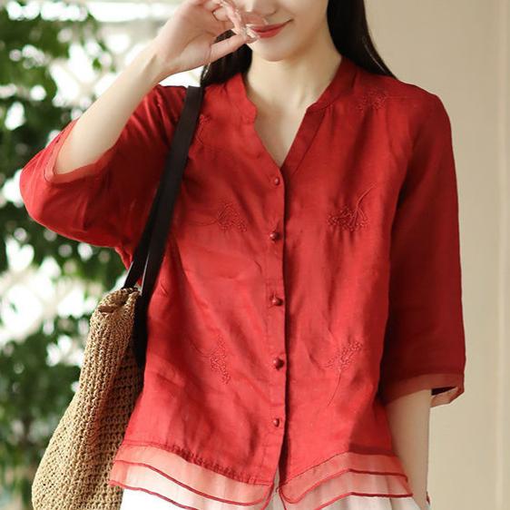 Retro bawełniana lniana koszula damska literackie hafty koszule Patchwork Hem Organza wąska bluzka Top