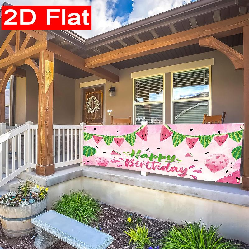 Happy Birthday Watermelon Banner, Summer Watermelon Theme Design, Polyester Outdoor Wall Fence Yard Garage Balcony Decoration