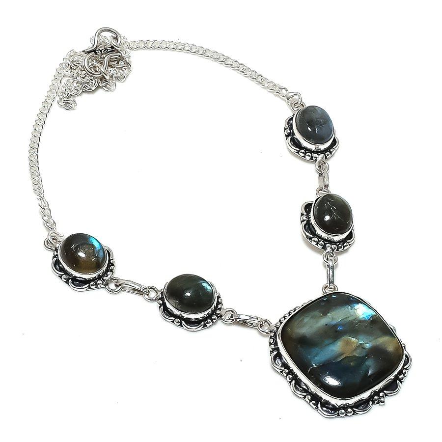 

Натуральный камень лабрадорит 925 стерлинговое серебро ювелирное ожерелье 18 W9z74