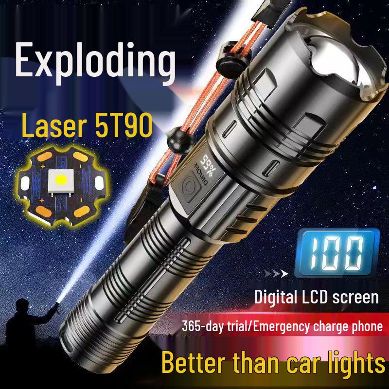 High Power White Laser Zoom Flashlight for Long-Range Outdoor Use with Rechargeable Display