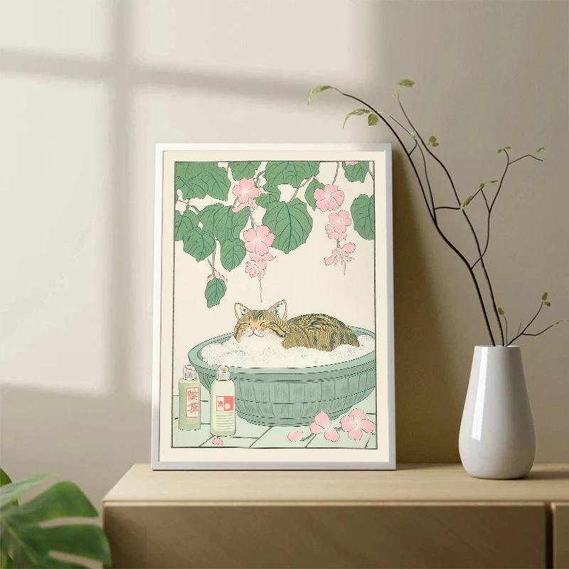 Gato Atigrado Japonés en Bañera Impresiones de Póster Pintura sobre Lienzo Estética Retro Arte de Pared Imagen Japandi Baño Aseo Decoración para el Hogar