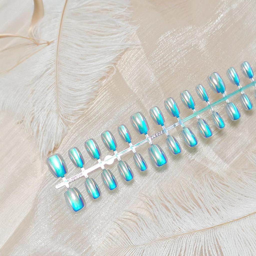 30 Pieces Of New Azure Blue Electroplated Aurora Cat Eye Manicure Short Square Wearable Nails With White And Transparent Prefabricated Nails
