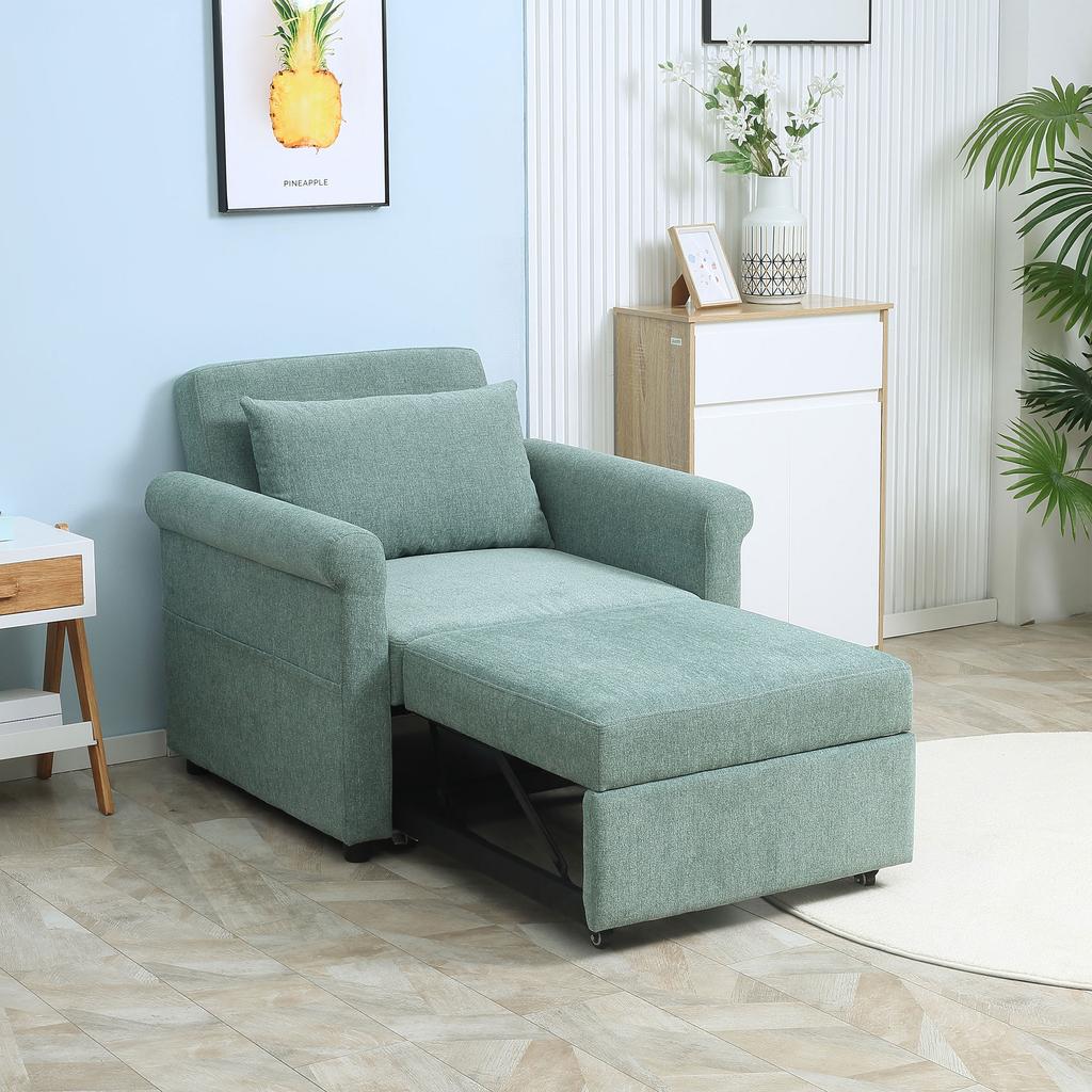 Space-Saving Single Armchair Bed Reclining On 4 Levels with Padded Seat, 96x84.5x87.5cm, Green
