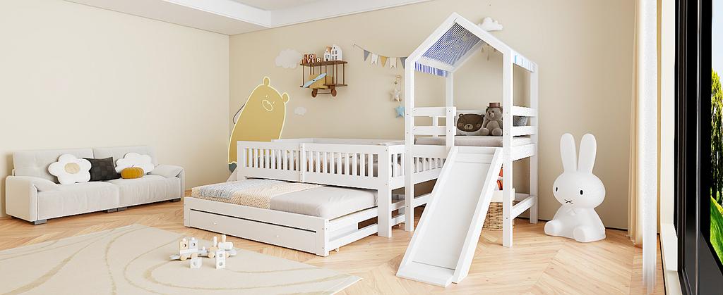 Kinderbett 90*200, mit Ausziehbett 90*190, Hausbett mit Rutsche, Seitliche Treppe, Schubladen, Massivholzrahmen und Stoffdach, Weiß