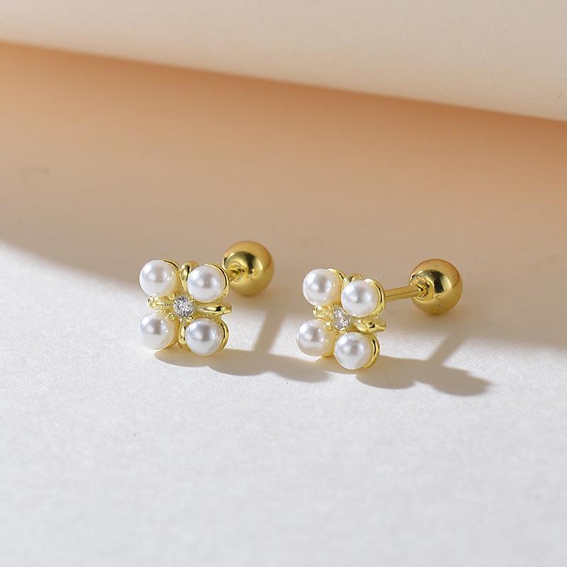 

925 Sterling Silver Simple Pearl Zircon Flowers Stud Earrings for Women French Vintage Temperament Jewelry золотий