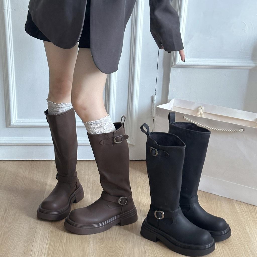 Black Belt Buckle Boots Women's 2025 New Versatile and Thin Small Man Increases Height But Knee High Knight Boots