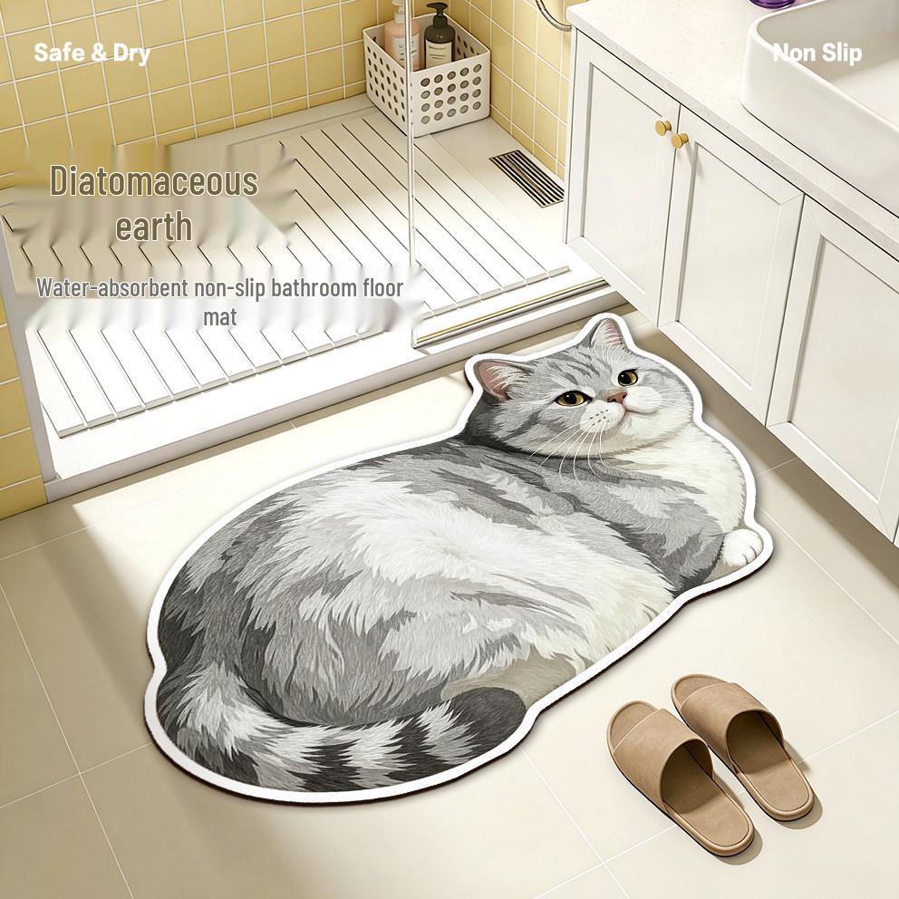 Cute Cartoon Cat Shaped Diatom Mud Bathroom Mat - Water Absorbent, Anti-Slip & Stain Resistant Foot Mat