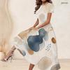 Women Plus Size Round Neck Short Sleeve Abstract Printed Gathered Waist A Line Long Dress
