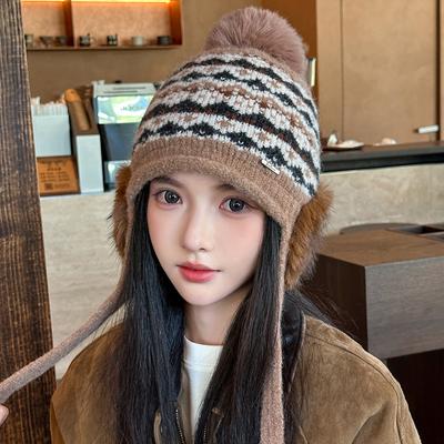 Fair Isle Style Ear Protecting Knitted Hat for Women In Winter Plus Velvet and Thickened To Keep Warm Toe Cap Woolen Hat Northeastern Ski Hat Trend