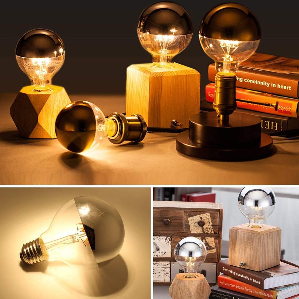 KY LEE Metal LED Silver Ball Lamp 8W Filament LED Bulb Energy Saving High Color Rendering G80 110V 2700K Warm White E26 Base Half Chrome Bulb 6-Pack