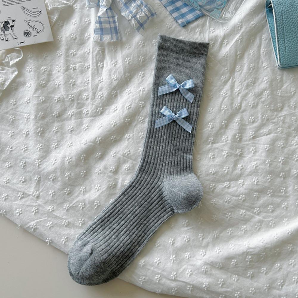 Ballet Style Solid Color Bow Mid Tube Socks Summer Cotton Lightweight Breathable Fashionable Soft Comfortable Casual Women Socks