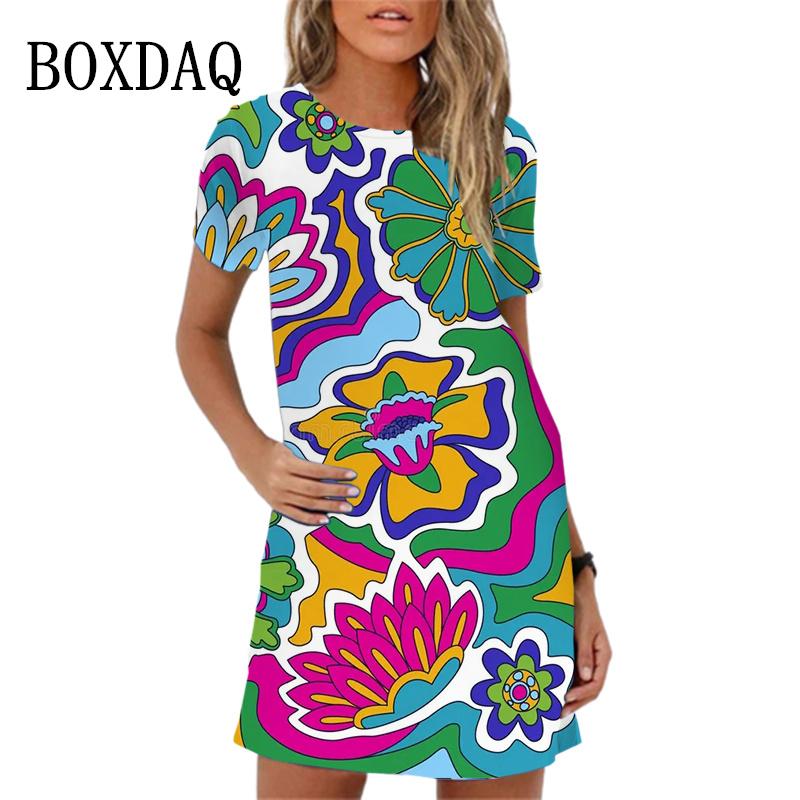 Vintage Abstract Landscape Fish Pattern Print Dress For Women Short Sleeve Clothing New 2024 Summer Dress Casual Mini Dress