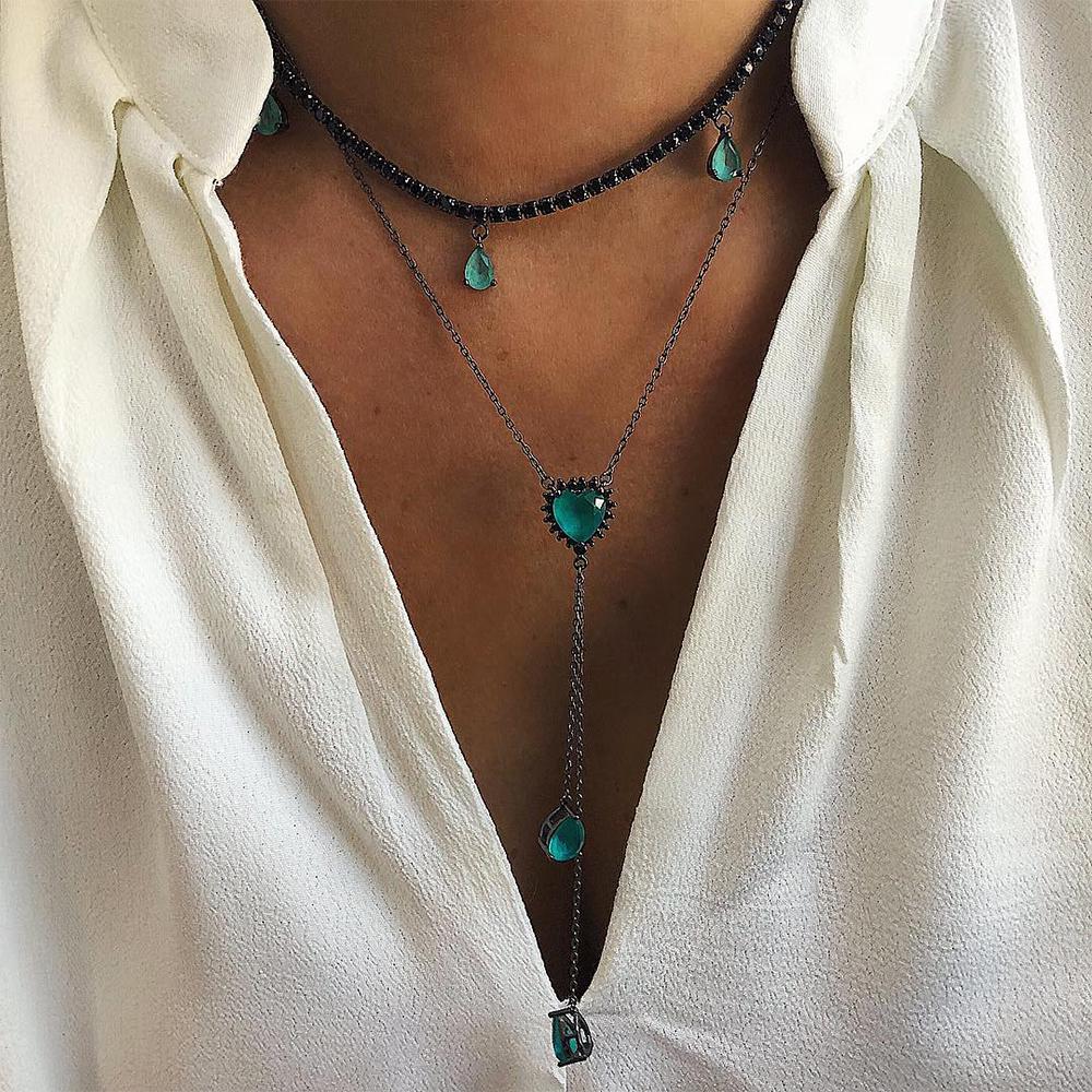 Bohemian Multilayer Blue Crystal Long Tassel Pendant Necklace Women Wedding Party Jewelry Gift