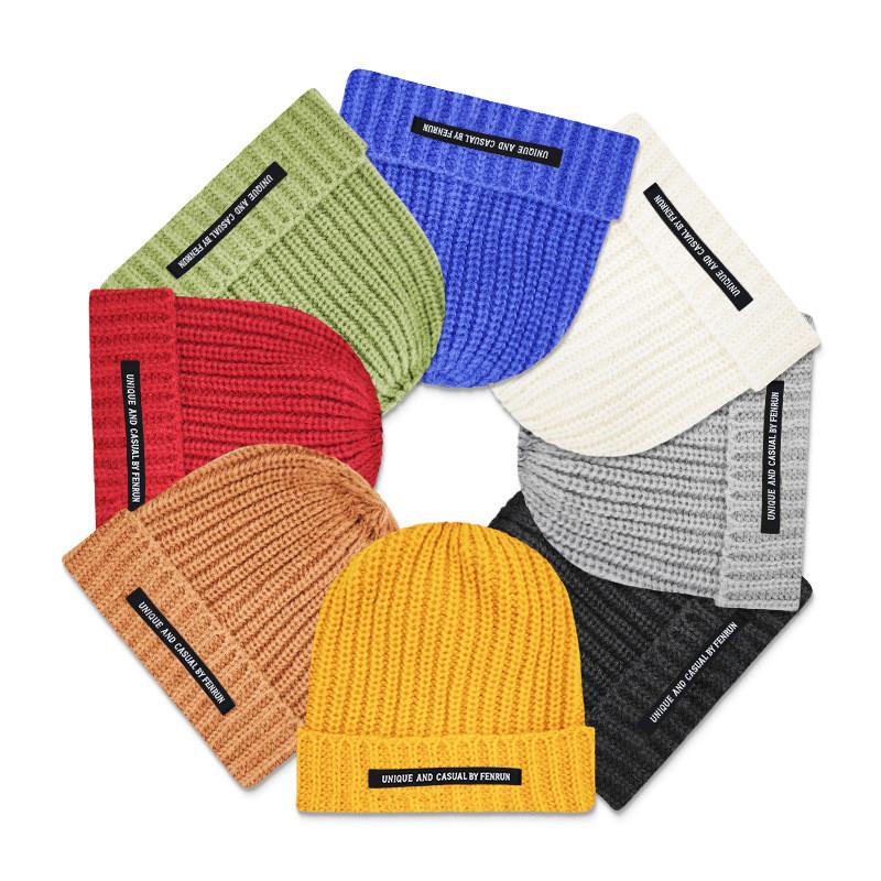 Casual And Unique By Fenrun Letter Print Knitted Hat Thick Striped Warm Cap
