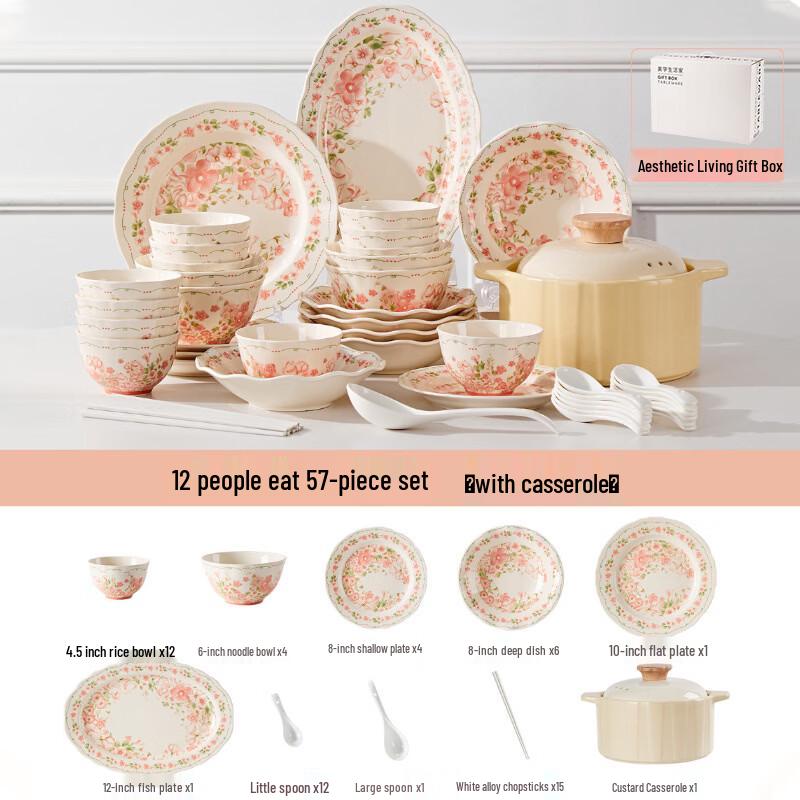 Набор столовой посуды из костяного фарфора с подглазурной росписью Ru Han