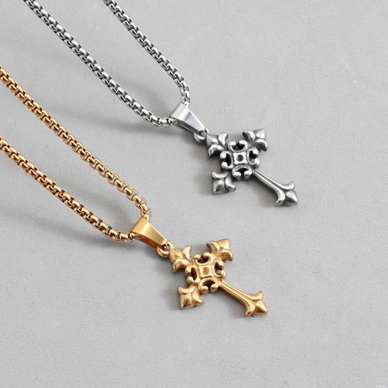 European and American Gothic Fashion Cross Pendant Colorless Titanium Steel Necklace