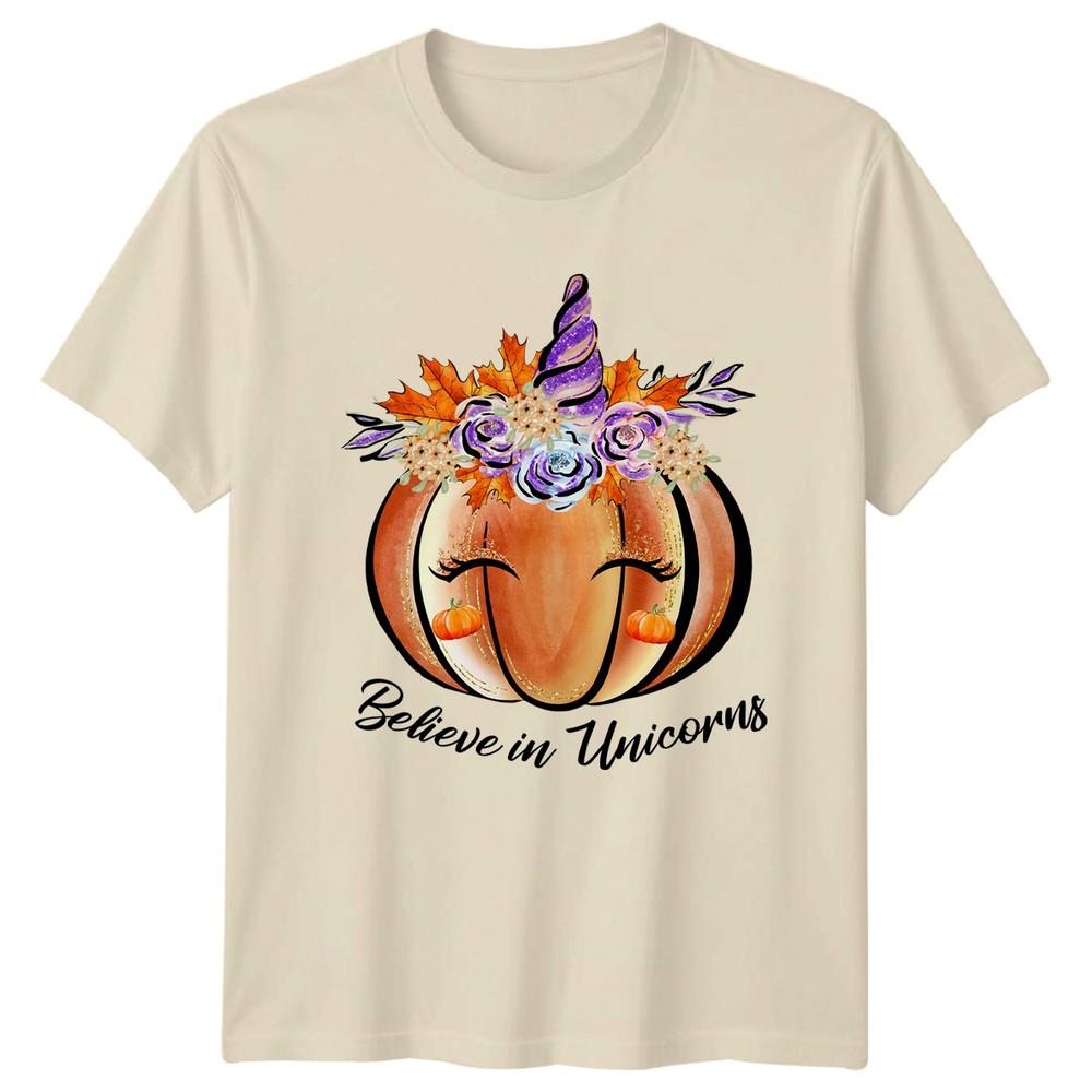Believe In Unicorns Unisexs TShirt Unicorn Pumpkin Fall Halloween Gift For Her