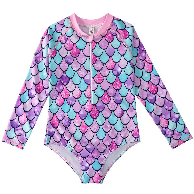 Kids Girls One Piece Swimsuit Beachwear Rash Guard Long Sleeves Palm Printed Zippered Swimming Bathing Suit Swimwear