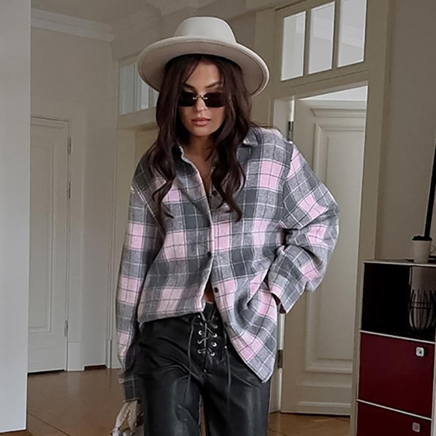 1116 Spring commuter fashion loose color matching plaid shirt stacked casual women's shirt cardigan wholesale women's clothing