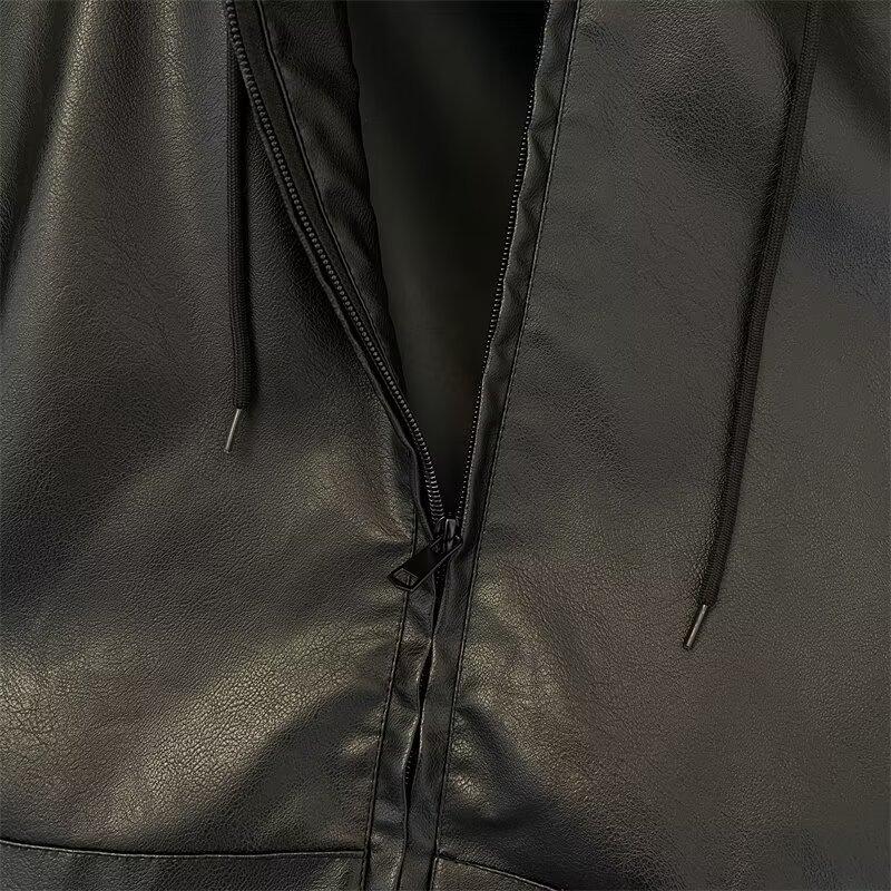 Short and wide hooded leather jacket men's spring and autumn cleanfit American ruffian handsome high-end silhouette loose PU leather jacket
