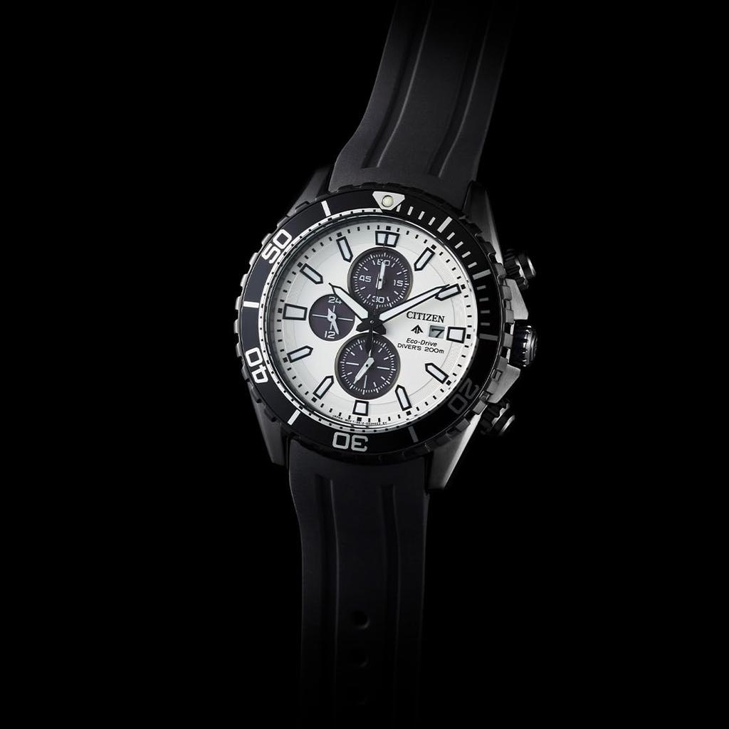 Citizen Promaster Marine Chronograph Rubber Analog Watch with White Dial and Black Modern Design Eco-Drive Men's Ca0825-05A Band,