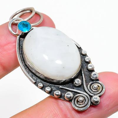 Natural Rainbow Moonstone, Topaz Gemstone 925 Sterling Silver Pendant 2.29" j3Y21