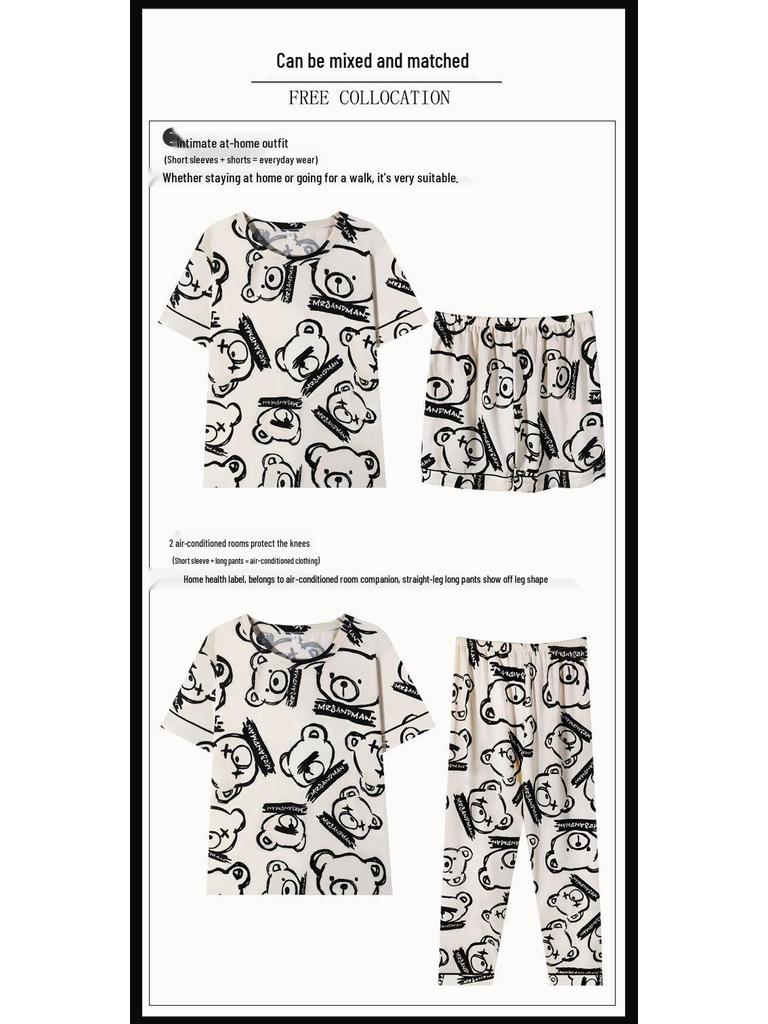 Women's Loose Summer Cartoon Pajama Set: Cute Short Sleeve Top & Long Pants for Spring/Autumn