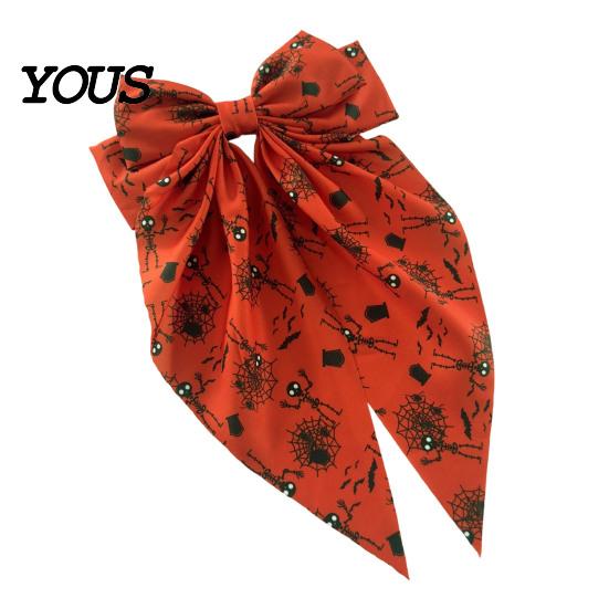 Pumpkin Hair Clip Halloween Bow Spring Clips for Women, Skeleton Ghost Hand Printed Festive Accessory Fabric Barrettes, Cute Horror Accessories