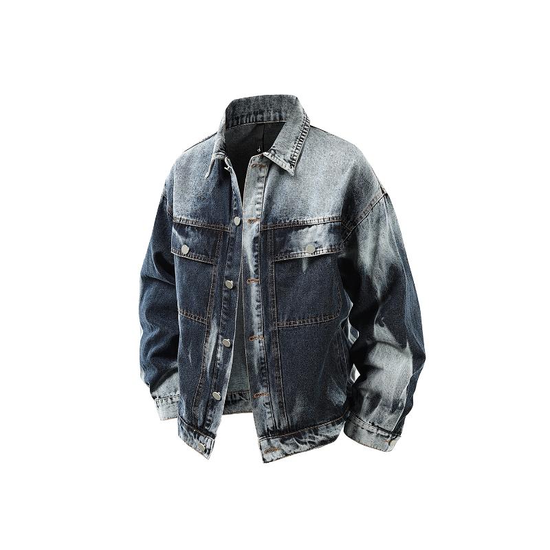 Tie-dyeed Old Lapel Short Denim Jacket Men's Autumn and Winter Jacket Button Cardigan Top