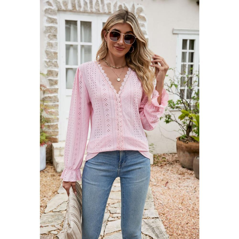 Women's Lace V Neck Blouse Long Sleeve Eyelet Embroidery Casual Loose Fit Shirt