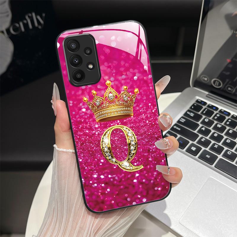 

For Samsung Galaxy A23 5G Case Fashion Initial Letters Hard Tempered Glass Back Covers For Samsung A 23 Shockproof Phone Shell Galaxy A23