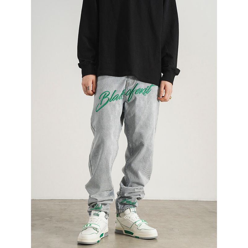 Black of Exit American Street Retro Embroidered Fitted Skinny Jeans for Men and Women Hip-Hop Slimming Long Pants