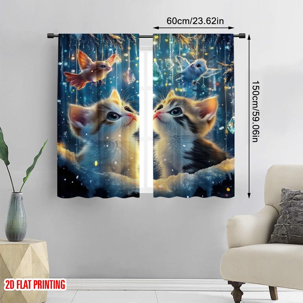 2pcs,2D Plane Printing Print Curtains Crystal Kittens Polyester Woven (without Rod) All Seasons for Living Room, Bedroom & Home