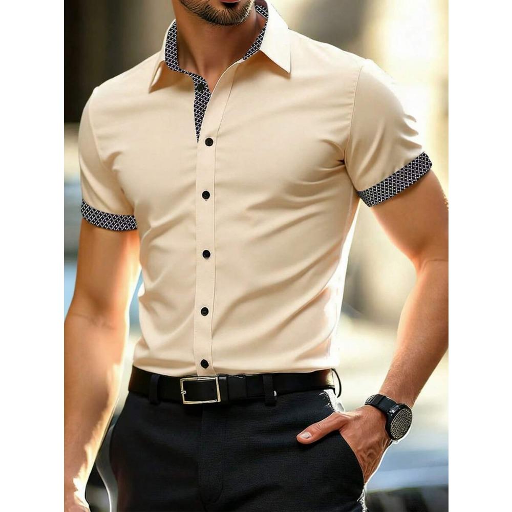 Camicia a maniche corte color block da uomo Primavera Estate Camicie casual da uomo Stile semplice Top 100% Poliestere