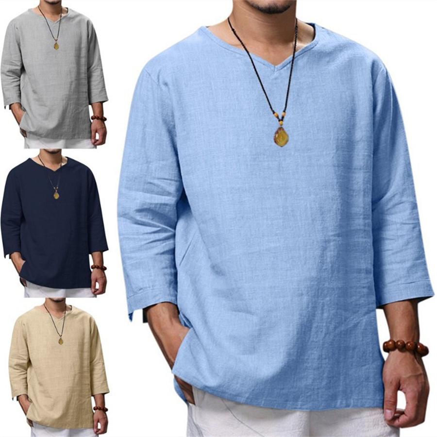 Camicia da uomo ampia in lino di cotone con scollo a V a maniche lunghe