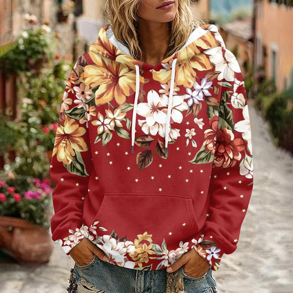 Women's Floral Print Casual Hoodie with Pocket and Long Sleeve Top