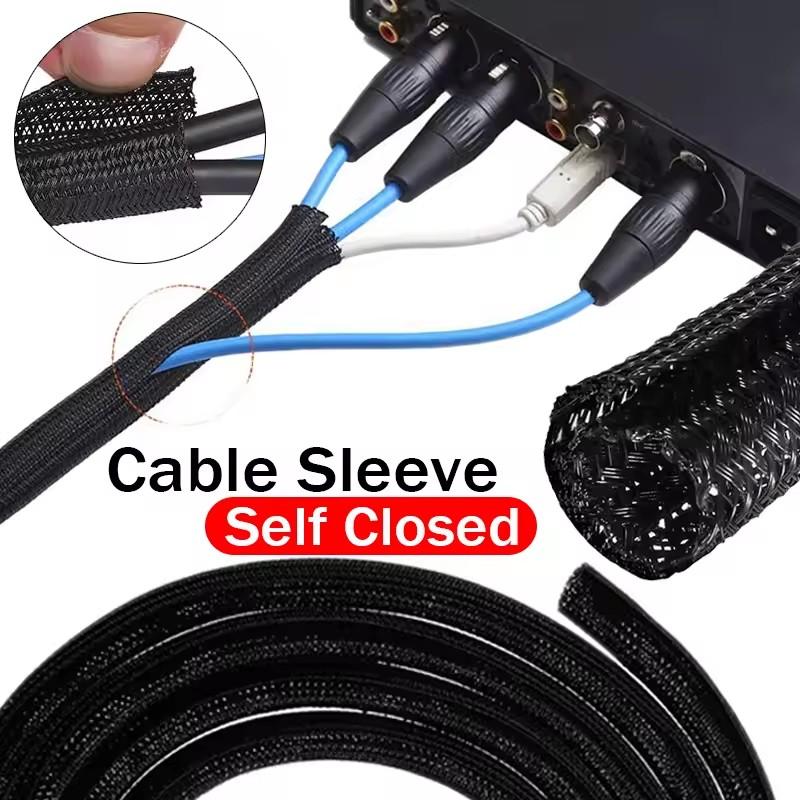 Self Closing PET Braided Cable Sleeve Expandable Auto Line Management Overlaps Flexible Loom Split Pipe Tube Wire Wrap Protect