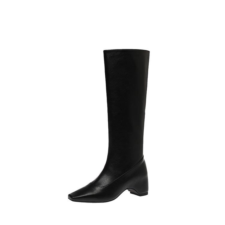 Niche square head thick heel soft leather high trouser boots fried street hot girl height increase white but knee knight boots