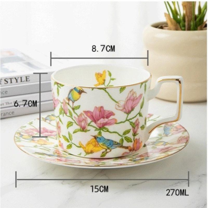 Ceramic Coffee Cup and Saucer Set 270ml Floral Bird Pattern Gold Rim for Tea 4 Colors