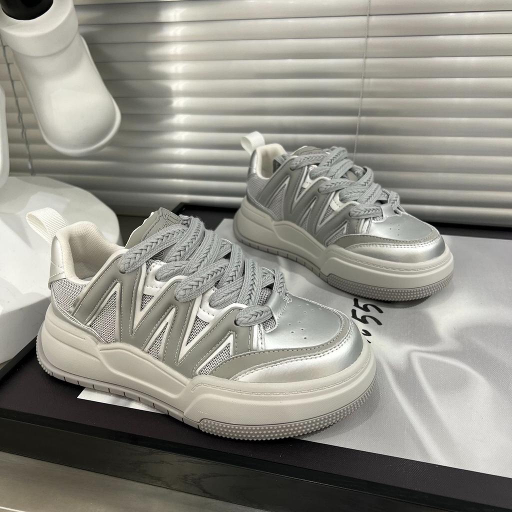 Internet Celebrity Leather Thick Baseplate Shoes White Shoes Women's Round Head Lace-up Flat Bottom Color Matching Bread Shoes Sports and Leisure Sho