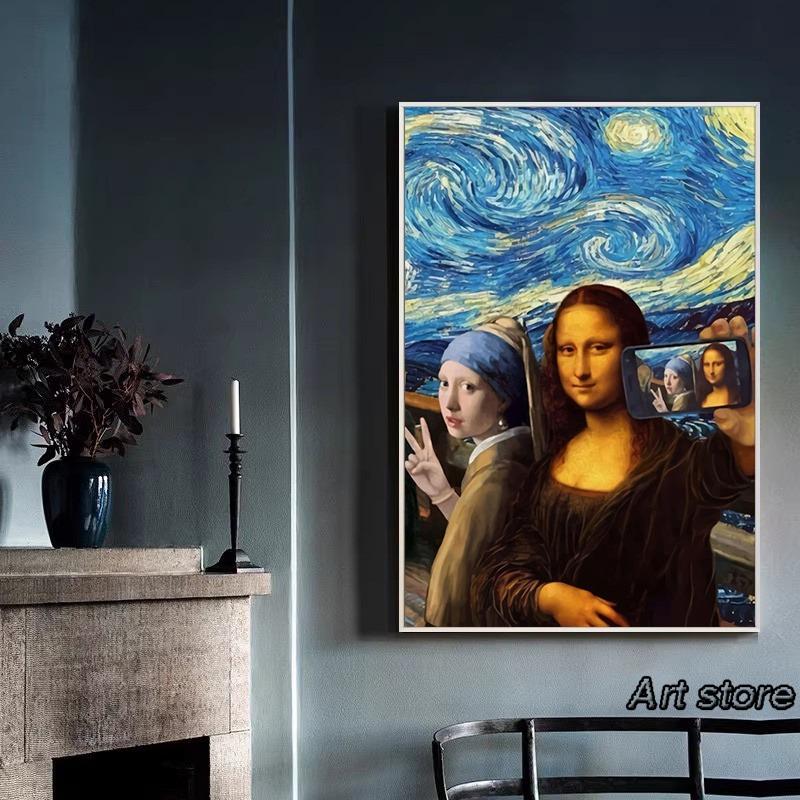 Nordic Funny Mona Lisa with Cat Bubble Poster Prints Canvas Paintings Bar Hotel Decorative Painting Mural Living Room Decor